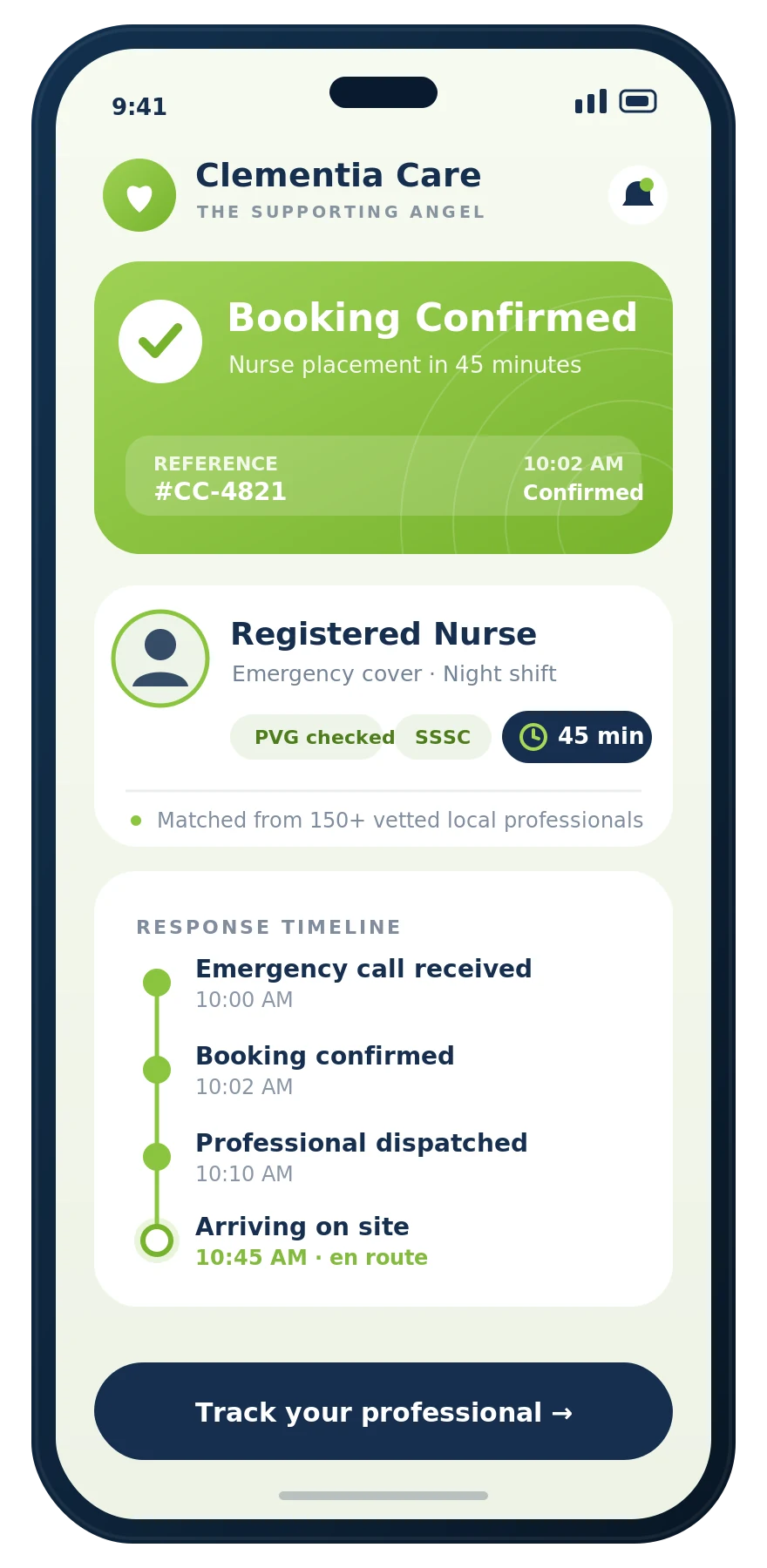 Clementia Angels app — booking confirmation screen
