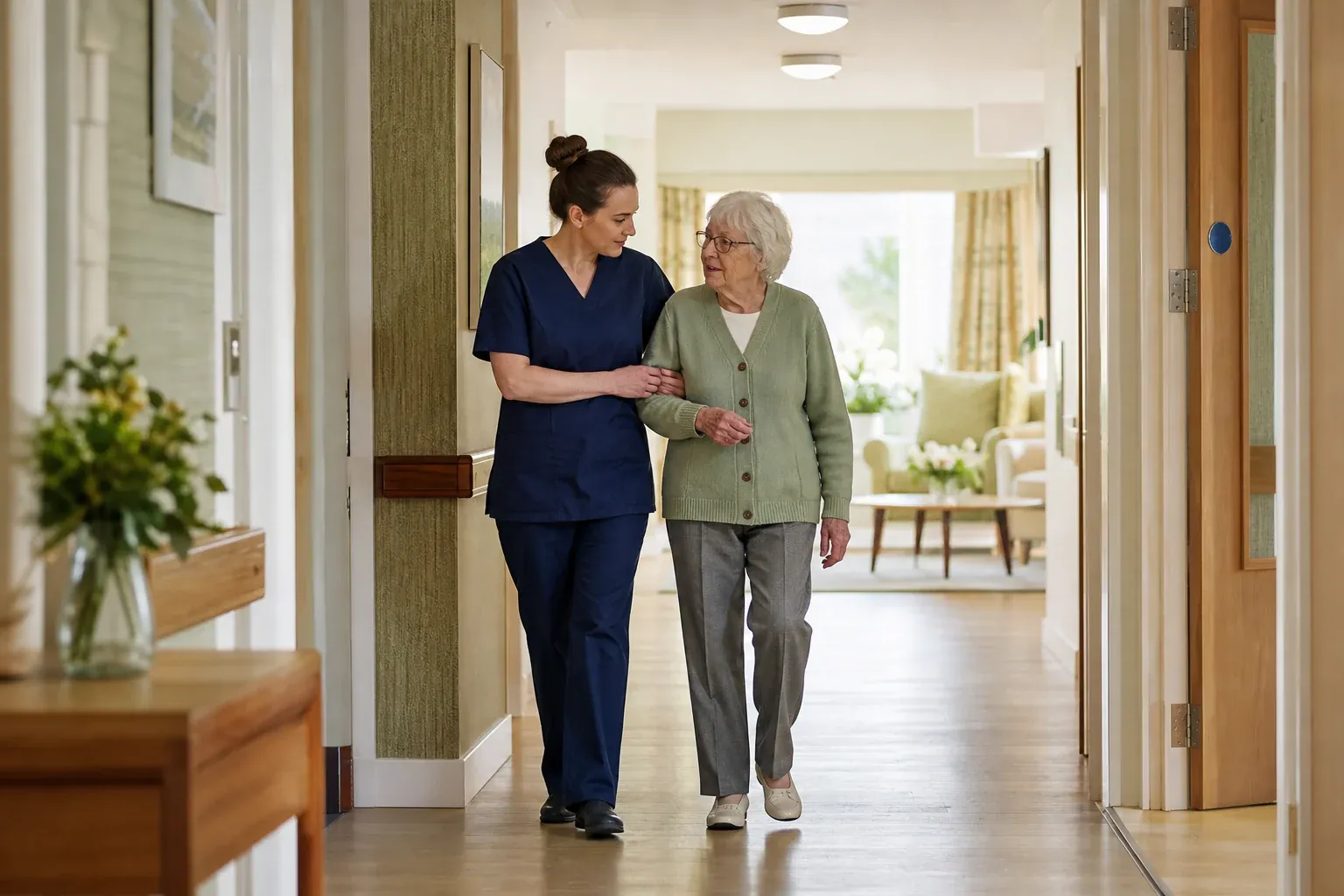 A care assistant supporting an older resident through a care-home corridor