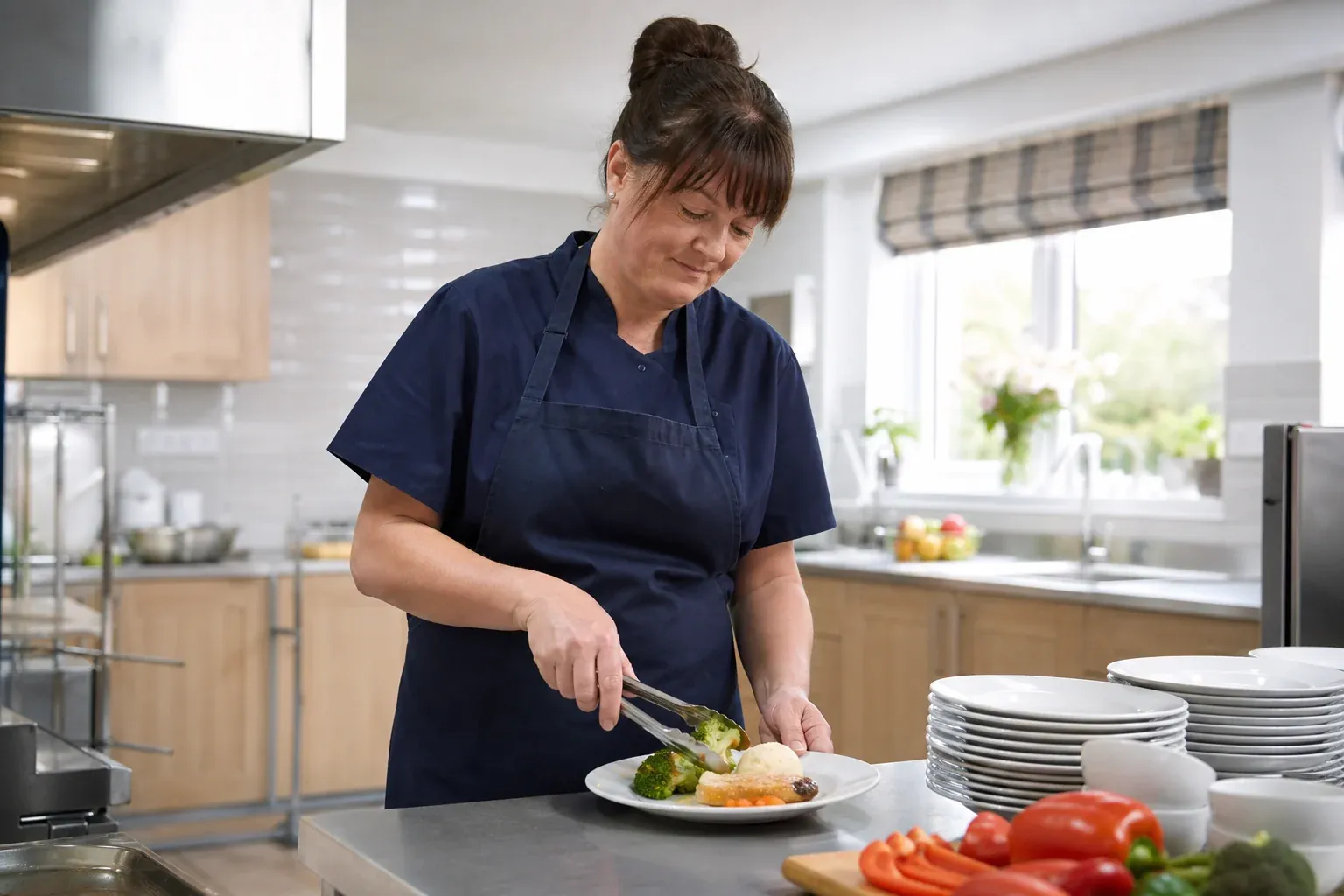 A kitchen assistant plating a nutritious meal in a care-home kitchen